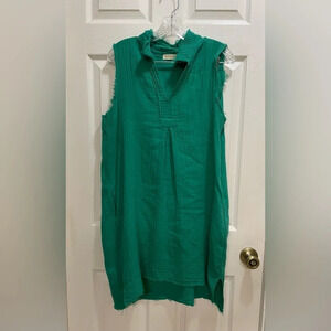 Stark X Cotton Gauze Sleeveless Dress Pockets Flowy Collared Breezy Med Green